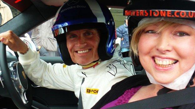 Helen at Silverstone with Formula 1 star David Coulthard