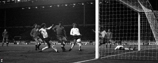 Mick Channon hits the post from close range with Tomaszewski beaten