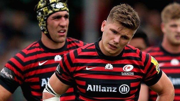 Owen Farrell and Kelly Brown of Saracens