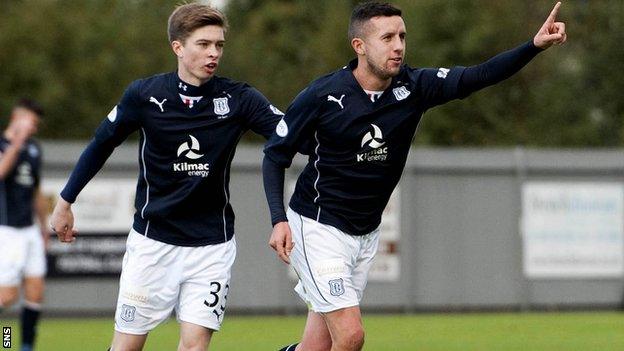 Dundee's Ryan Conroy celebrates his goal against Dumbarton