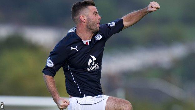 Dundee's Peter MacDonald celebrates a goal against Dumbarton