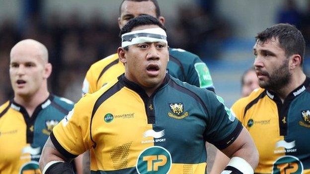 Northampton Saints prop Salesi Ma'afu and team-mates gather against Castres