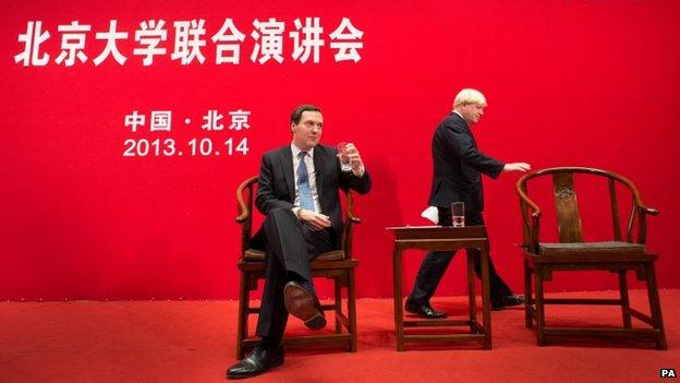 George Osborne and Boris Johnson speaking at Peking University in Beijing