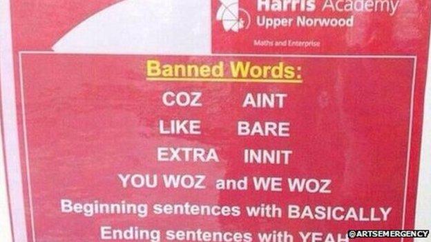 Poster showing the banned words at Harris Academy