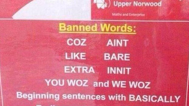 Poster showing the banned words at Harris Academy