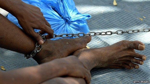 Patient in Somalia mental hospital with chain on leg