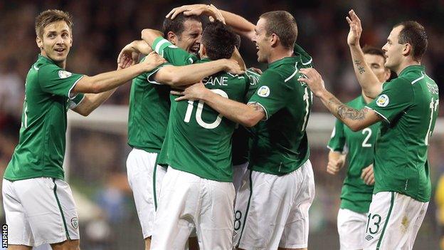 John O'Shea is congratulated after putting the Republic 2-1 ahead