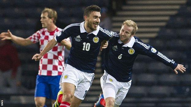 Robert Snodgrass celebrates his goal for Scotland with Barry Bannan