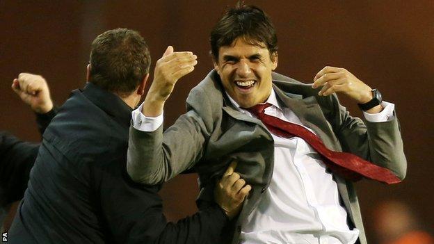 Chris Coleman celebrates Aaron Ramsey's goal