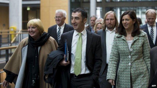 Leaders of the German Green party arrive for talks with the conservatives in Berlin, 15 October