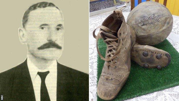 Donohoe in 1903 and a replica of a pair of his boots