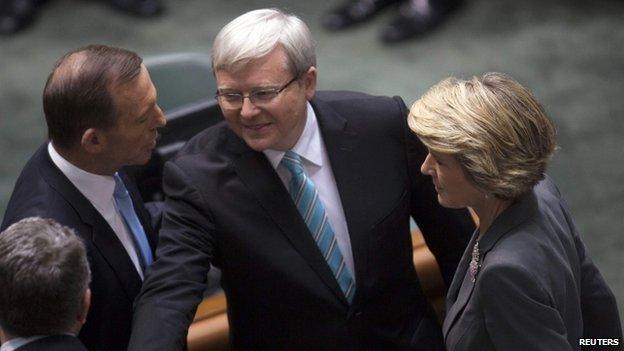 Kevin Rudd (C) seen with Tony Abbott (L) and Julie Bishop in Canberra, 27 June 2013