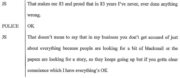 Savile: "That makes me 83 and proud that in 83 years I've never ever done anything wrong." Police: "OK." Savile: "That doesn't mean to say that in my business you don't get accused of just about everything because people are looking for a bit of blackmail or the papers are looking for a story..."