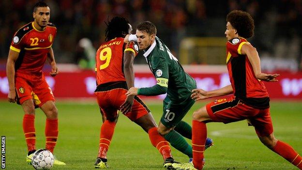 Wales' Aaron Ramsey in action against Belgium