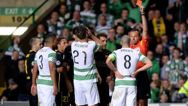 Celtic midfielder Scott Brown is sent off against Barcelona