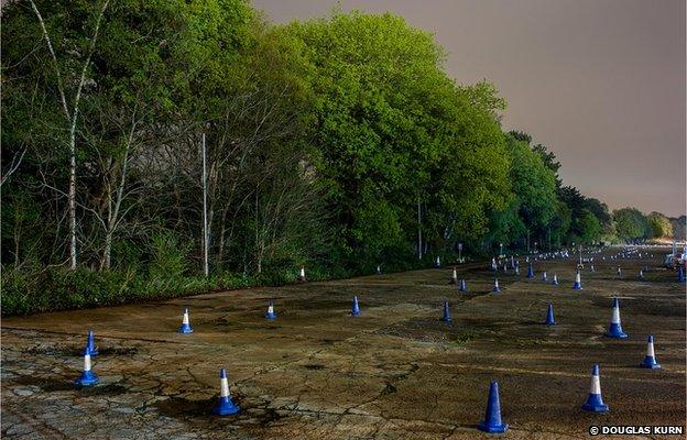 The Railway Straight, Brooklands Race Track at night.