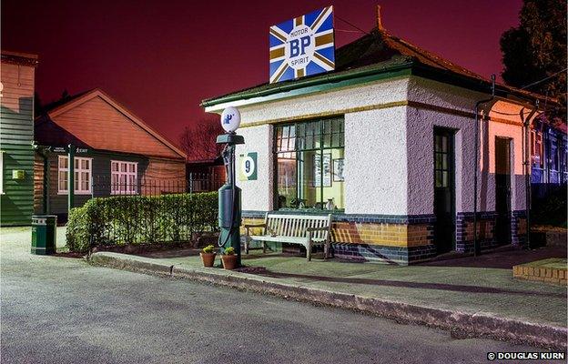 The BP Petrol Pagoda at Brooklands Museum, Brooklands Race Track at night.