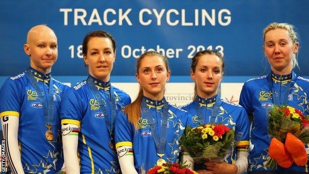 Joanna Rowsell, Danielle King, Laura Trott, Elinor Barker and Katie Archibald stand on the podium after winning the Women"s Team Pursuit on day one of the 2013 European Elite Track Championship