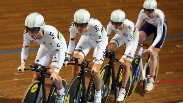 Laura Trott of Great Britain leads team-mates Dani King, Elinor Barker and Katie Archibald in the final