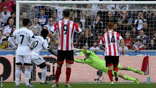 Wilfried Bony scores a penalty for Swansea against Sunderland