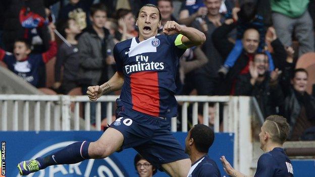 Paris Saint-Germain striker Zlatan Ibrahimovic celebrates scoring against Bastia