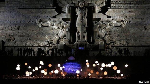The Battle of the Nations monument was illuminated on the eve of the anniversary