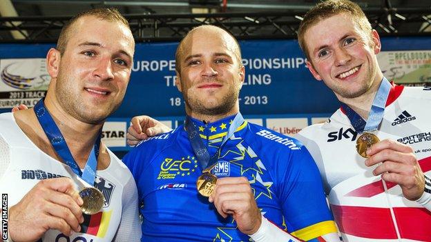 Jason Kenny (right) with his bronze medal at the European Track Championships