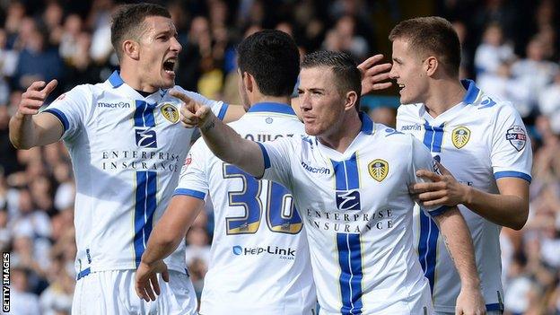 Leeds celebrate during the victory over Birmingham at Elland Road