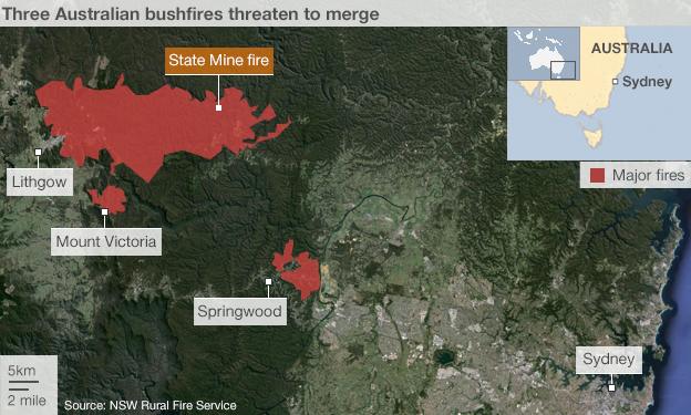 Map showing the location of three fires in the vicinity of Sydney that may merge