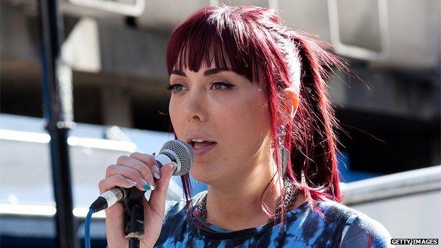 Paris Lees speaks to protesters outside the Daily Mail on 6 October 2013