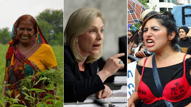 Woman in a field, senator Kirsten Gillibrand and a feminist protester