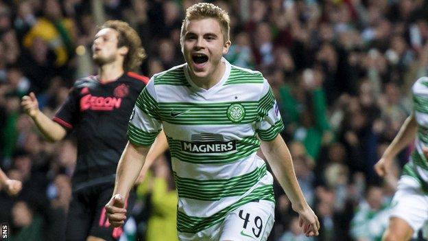 James Forrest celebrates scoring the opener for Celtic from the penalty spot