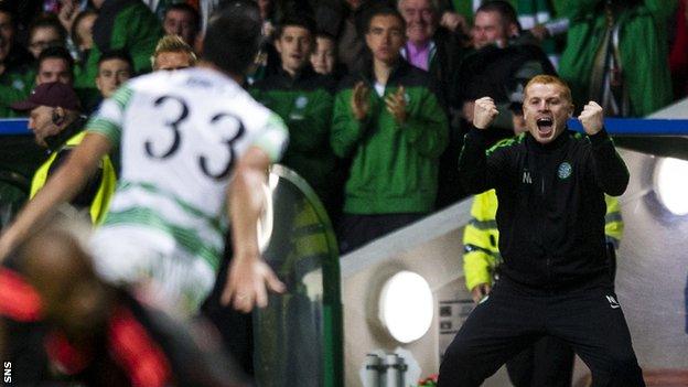 Celtic manager Neil Lennon celebrates as Beram Kayal scores