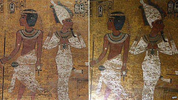 Two apparently identical photos of pictures in Tutankhamun's tomb - one is of the original, the other is of a copy. Photo on the left, copyright Factum Arte, photo on the right copyright AFP.