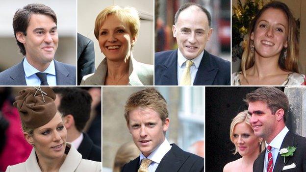 Individual pictures of William van Cutsem, Julia Samuel, Jamie Lowther-Pinkerton, Emilia Jardine-Paterson, Zara Tindall, Earl Grosvenor and Oliver Baker