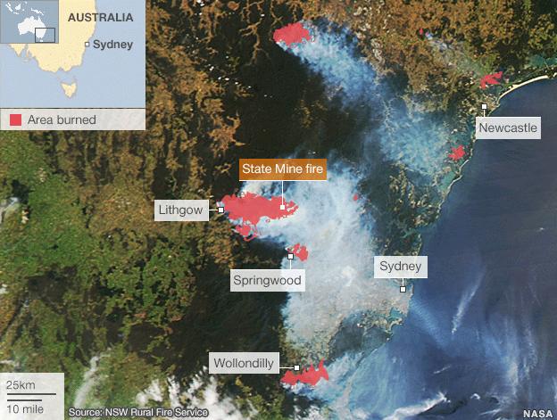 Satellite image showing the location of the fires near Sydney, Australia