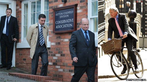 Left panel: Police Federation representatives Ken McKaill (R) Chris Jones (L) and Stuart Hinton; and right panel: Andrew Mitchell