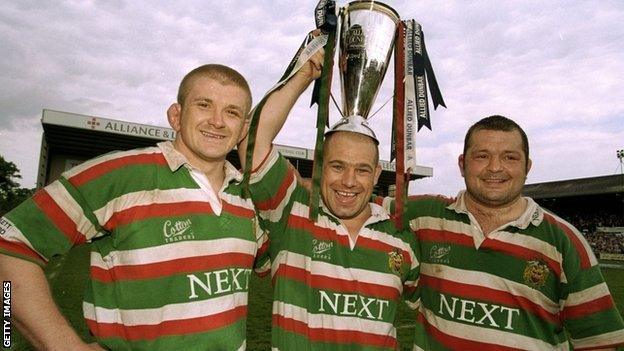 Leicester's famous ABC front row of (left to right) Graham Rowntree, Richard Cockerill and Darren Garforth