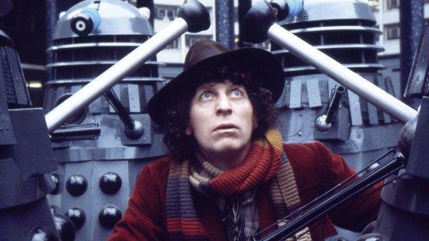 Tom Baker with Daleks in 1975