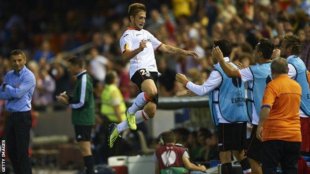 Valencia winger Federico Cartabia celebrates after scoring the second goal during the Europa League Group A match against St Gallen