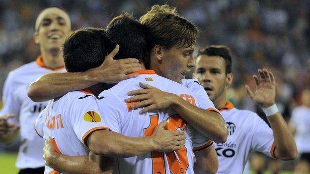 Valencia players celebrate after scoring during the Europa League Group A match against St Gallen