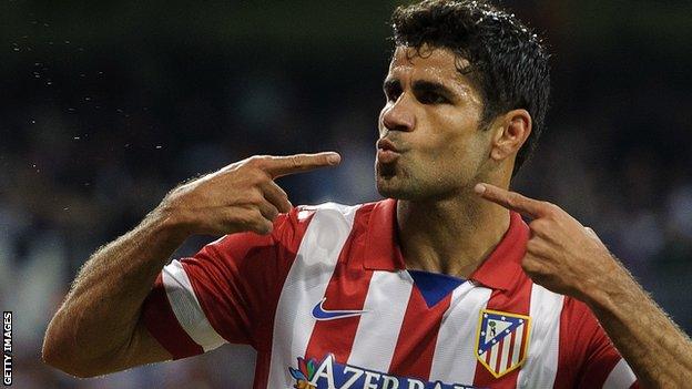 Diego Costa celebrates scoring for Atletico Madrid.