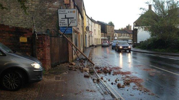 Fallen chimney stack in Crewkerne