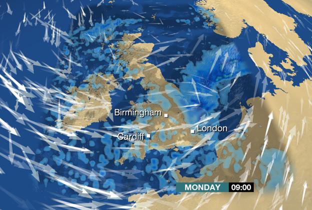 Forecast showing wind and rain over the UK at 09:00