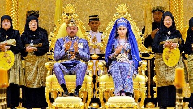 Brunei's Crown Prince Al-Muhtadee Billah Bolkiah and Princess Sarah Salleh during their wedding ceremony in 2004.