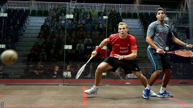 England's Nick Matthew in action against Zahed Mohamed of Egypt