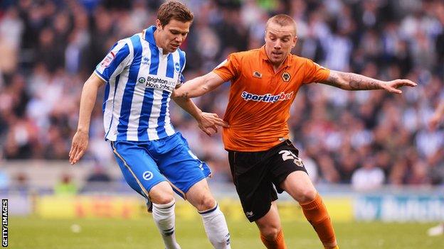 Wolves's Jamie O'Hara (right) playing against Brighton in May 2013, the last time he appeared for the club.