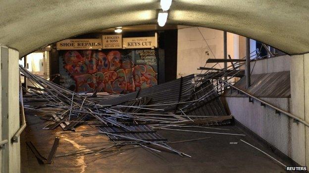 A collapsed pedestrian bridge at London Bridge Station