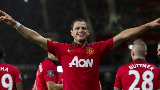 Javier Hernandez celebrates scoring against Norwich