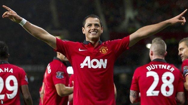 Javier Hernandez celebrates scoring against Norwich